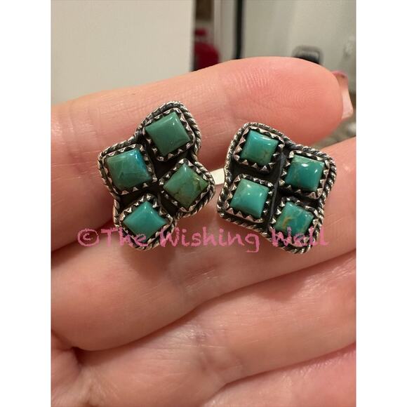 Kingman Turquoise Greenish Blue Cluster Earrings Sterling Silver 925 - Picture 4 of 5